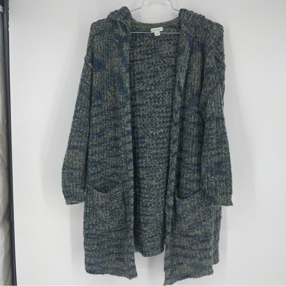 Sundance Women's Wool Blend Hooded Chunky Cardigan Green Blue Open Front Small